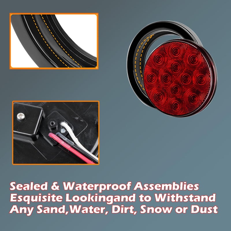 fouwick 2Pcs 4.2 inchRed Round LED tail trailer light 12 LEDs IP67 Waterproof Stop Brake Turn Signal Reverse marker Tail Light Surface Mount, Light for boat trailer (4" Round Red) - Image 3